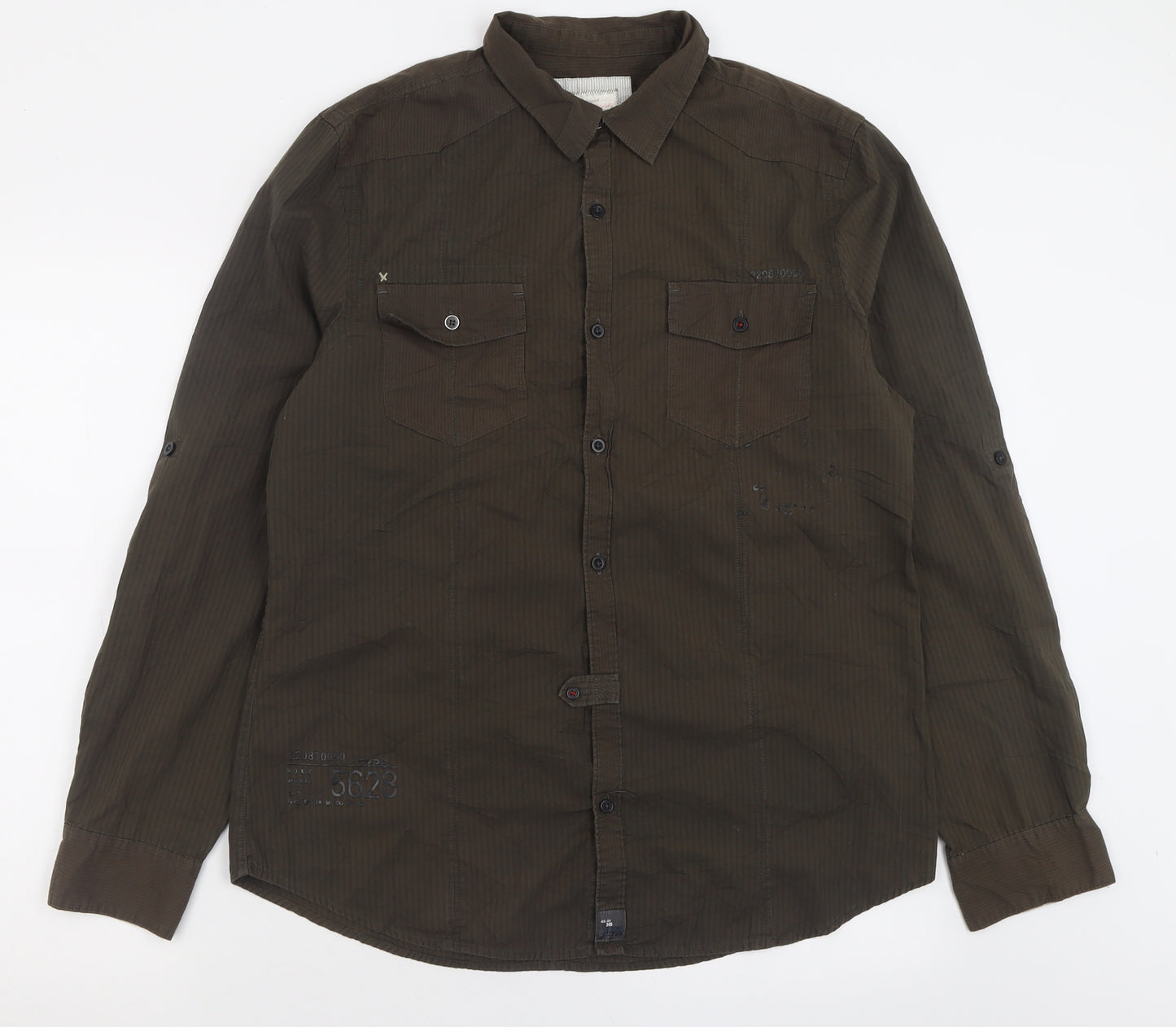 River Island Mens Green Striped Cotton  Button-Up Size L Collared Button