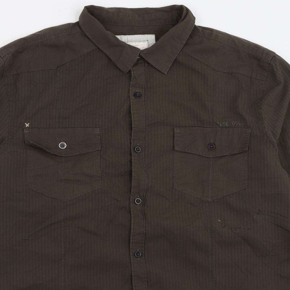 River Island Mens Green Striped Cotton  Button-Up Size L Collared Button