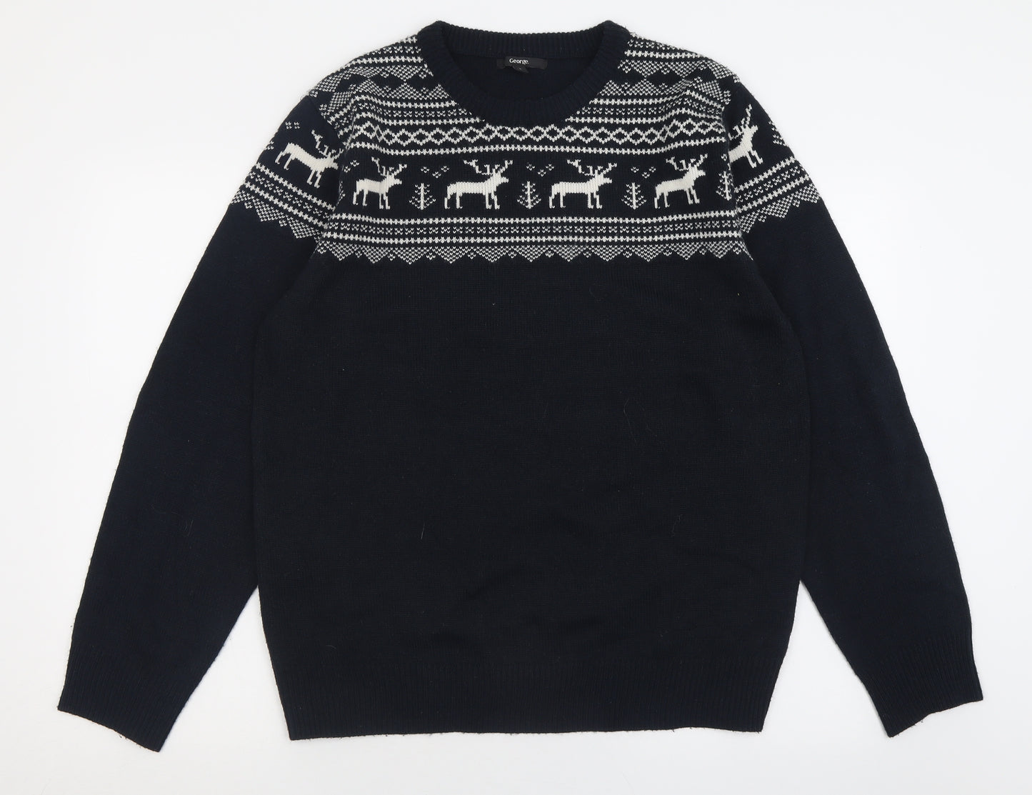 George Mens Blue Crew Neck Geometric Acrylic Pullover Jumper Size L