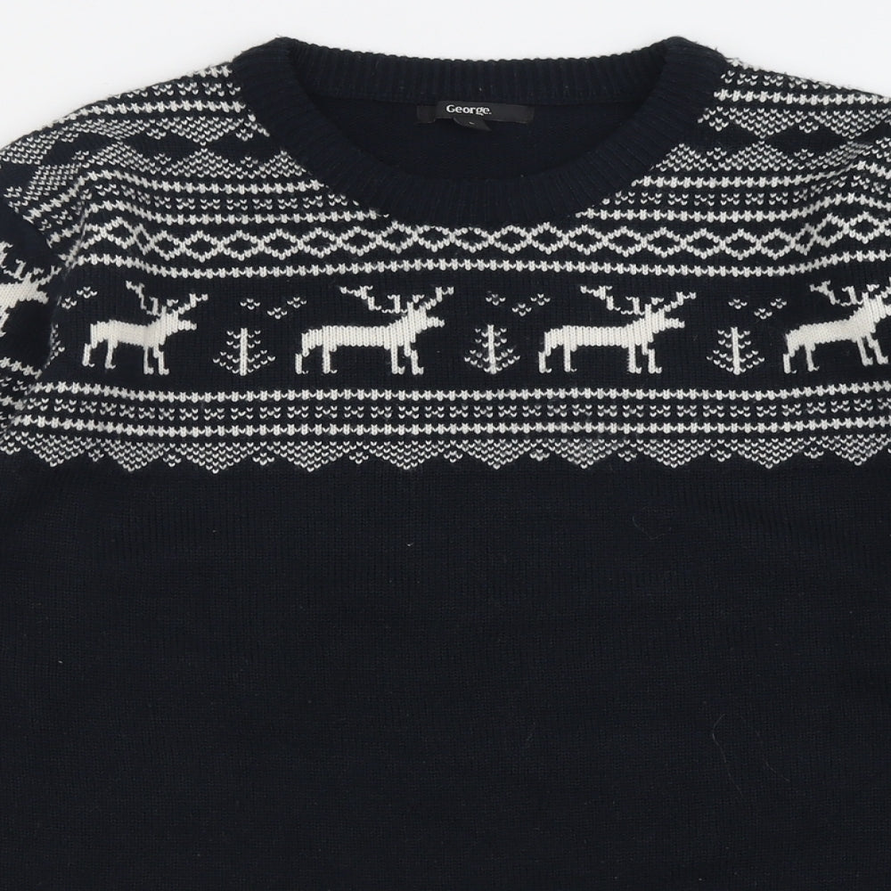 George Mens Blue Crew Neck Geometric Acrylic Pullover Jumper Size L
