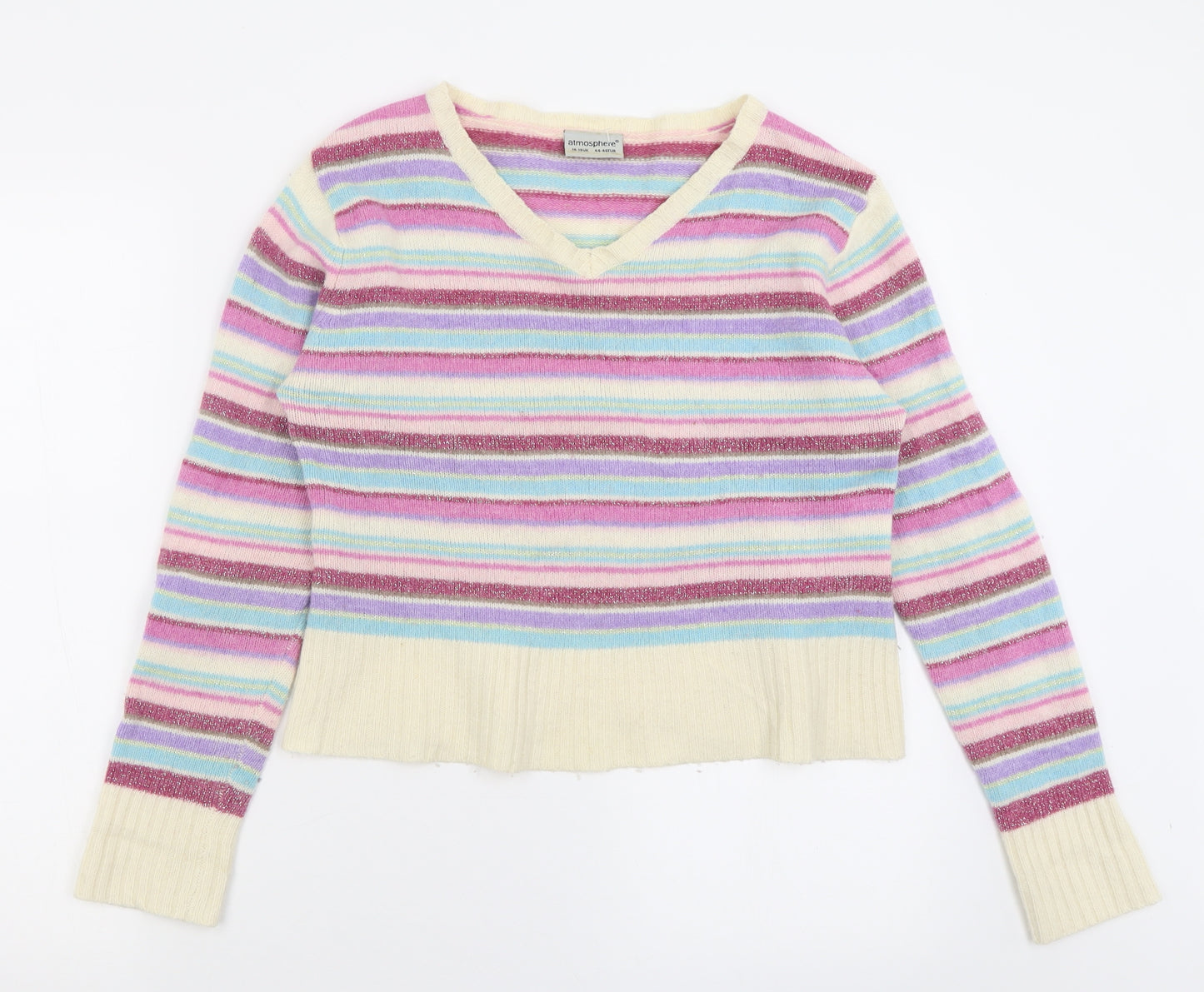 Atmosphere Womens Purple V-Neck Striped Wool Pullover Jumper Size 16