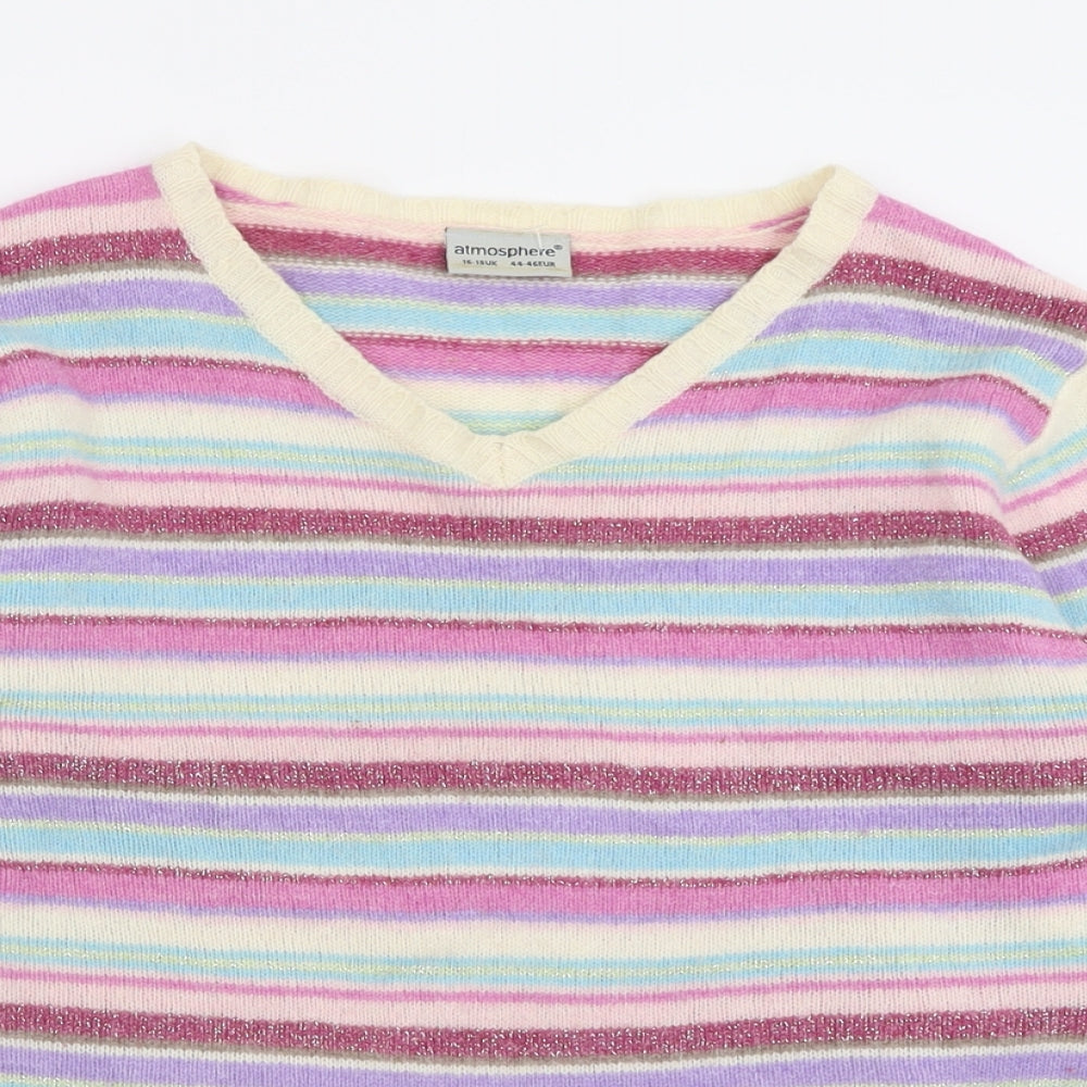 Atmosphere Womens Purple V-Neck Striped Wool Pullover Jumper Size 16