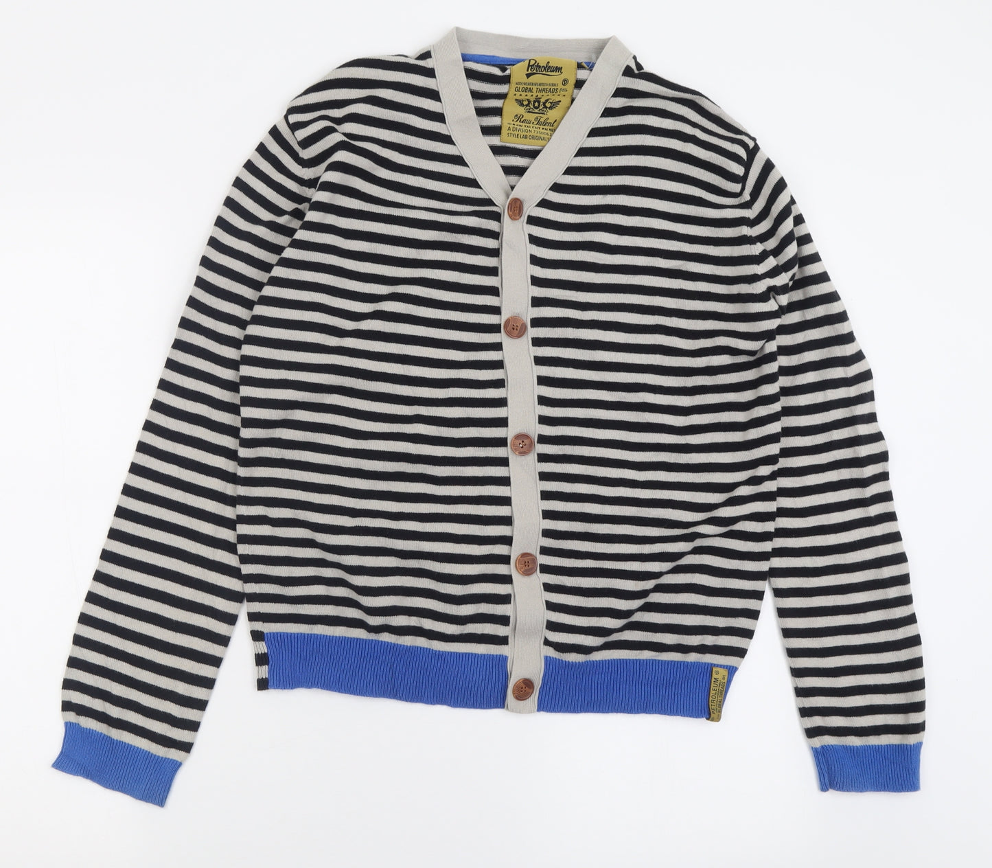 Petroleum Mens Grey V-Neck Striped Cotton Cardigan Jumper Size S