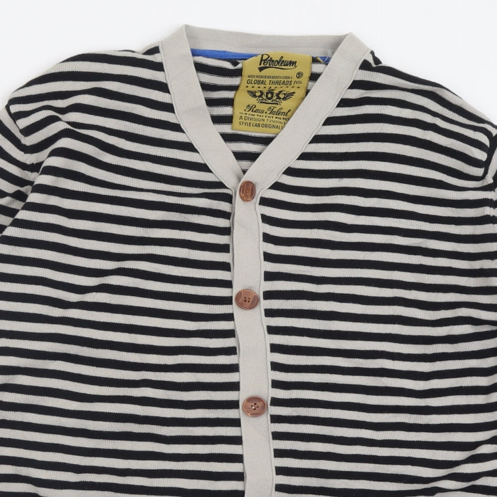 Petroleum Mens Grey V-Neck Striped Cotton Cardigan Jumper Size S