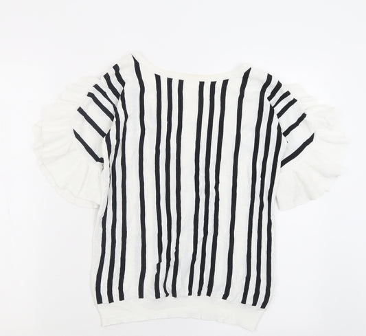 Front view of Next women’s white striped viscose basic t-shirt, size UK 8, crew neck
