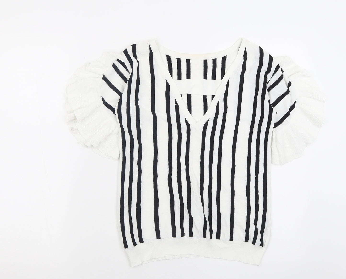 NEXT Womens White Striped Viscose Basic T-Shirt Size 8 Crew Neck