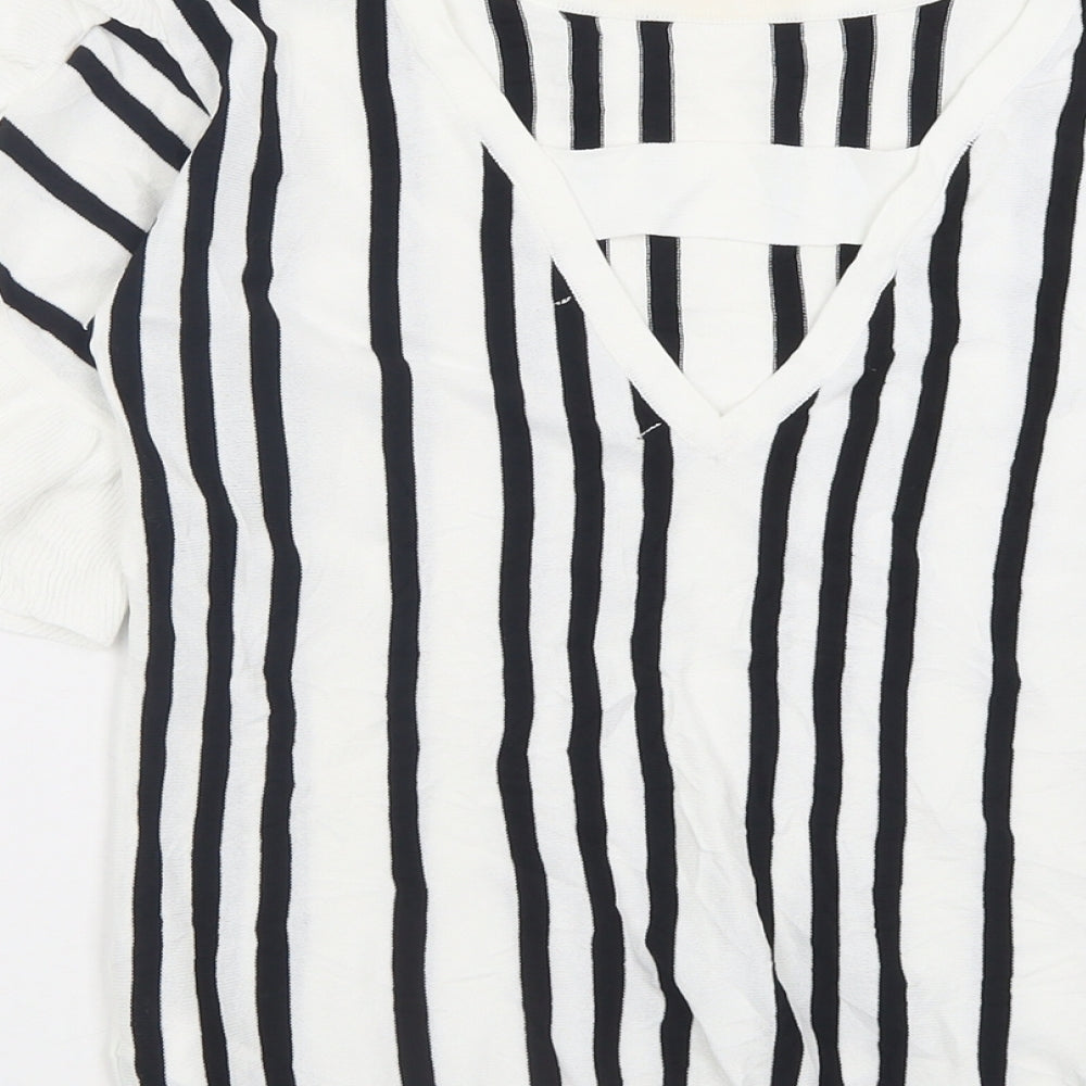 NEXT Womens White Striped Viscose Basic T-Shirt Size 8 Crew Neck