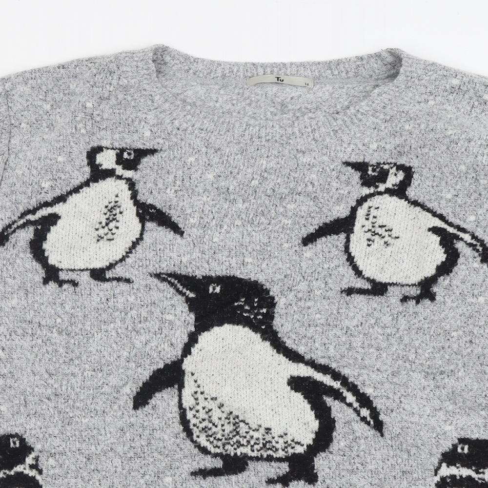 TU Womens Grey Crew Neck  Acrylic Pullover Jumper Size 16   - Penguin