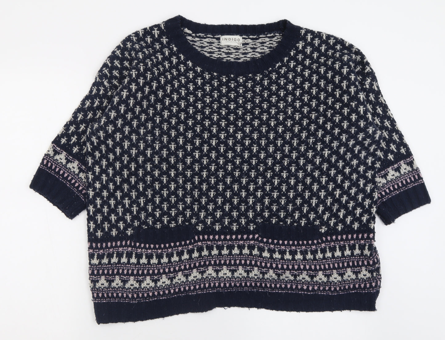 Indigo Womens Blue Crew Neck Geometric Acrylic Pullover Jumper Size 14
