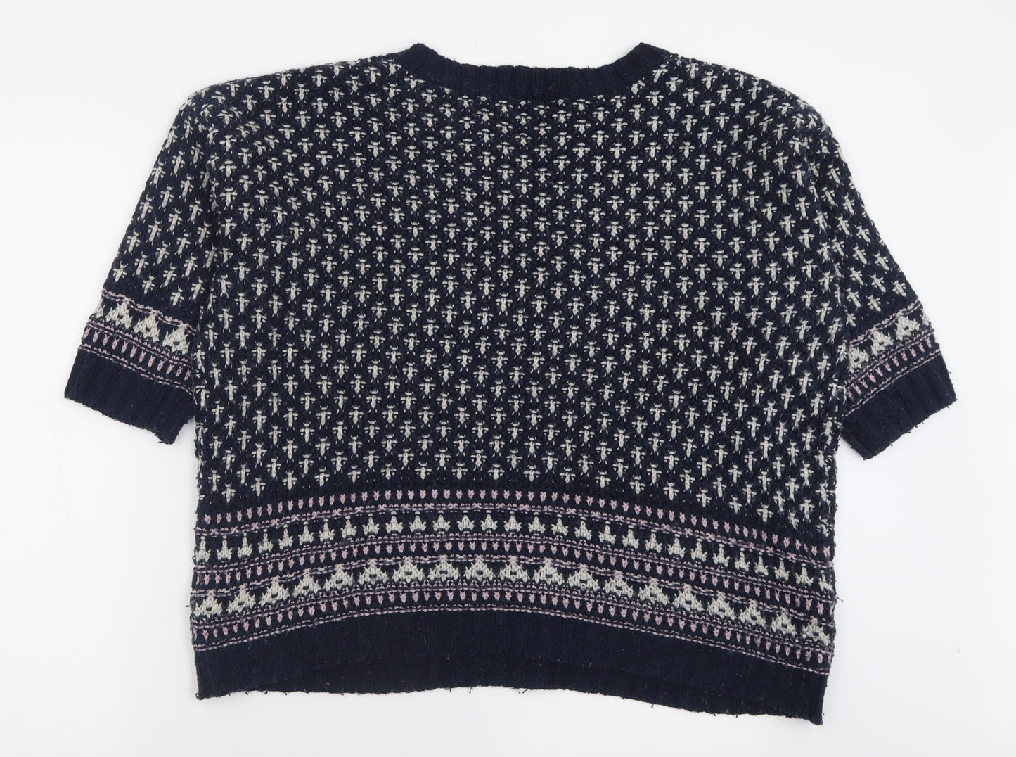 Indigo Womens Blue Crew Neck Geometric Acrylic Pullover Jumper Size 14