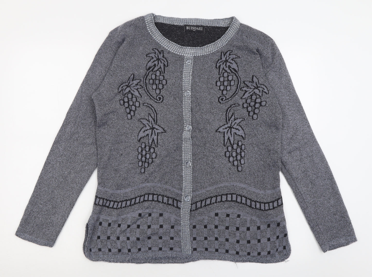 Buisdaei Womens Grey Crew Neck Geometric Cotton Pullover Jumper Size M