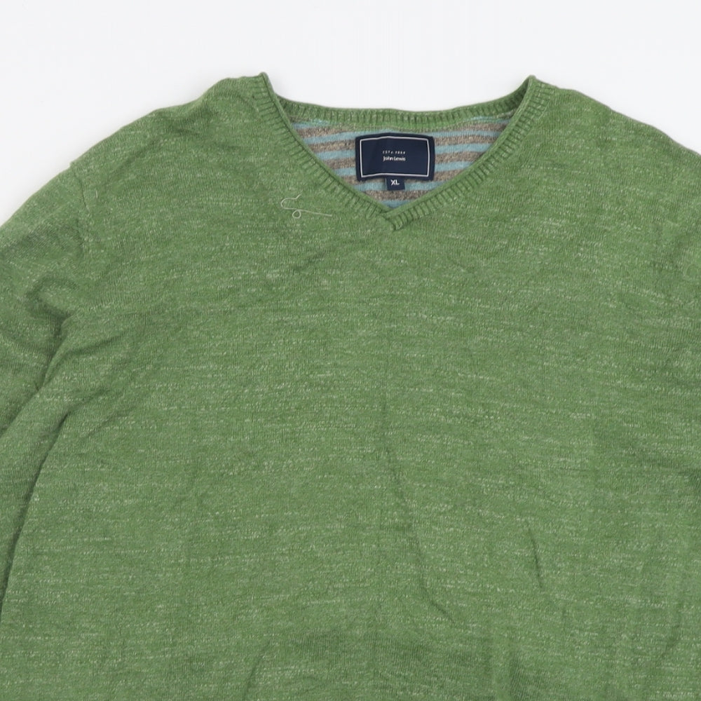 John Lewis Mens Green V-Neck  Cotton Pullover Jumper Size XL