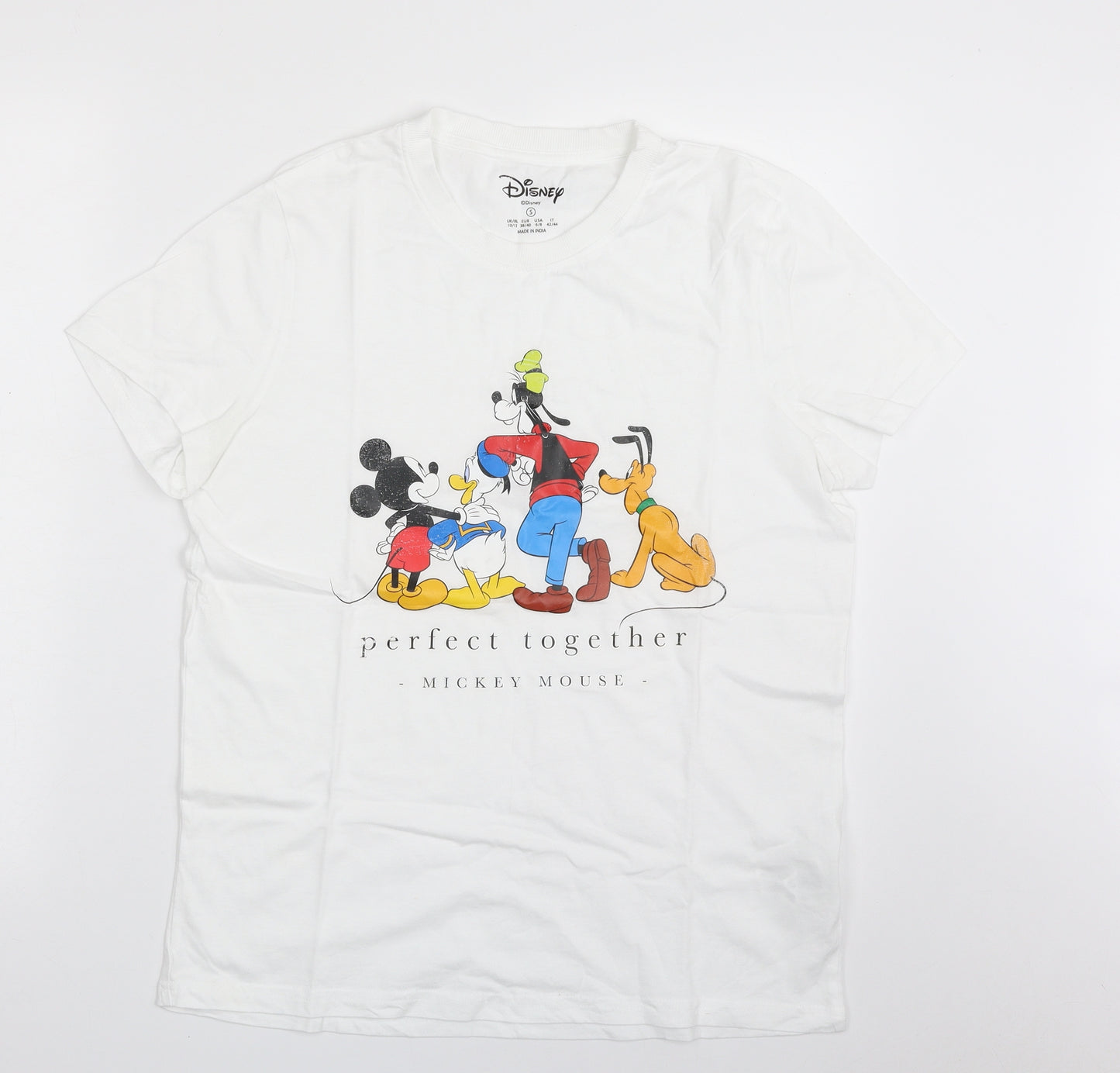 Primark Womens White  100% Cotton Basic T-Shirt Size 10 Crew Neck - Mickey Mouse; Size 10-12
