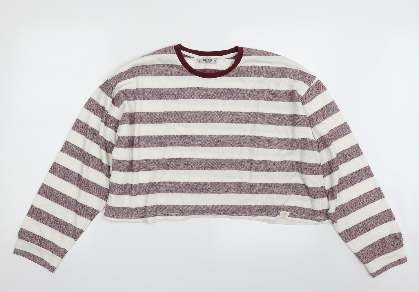 Pull&Bear Womens White Striped Cotton Pullover Sweatshirt Size L  Pullover - Cropped