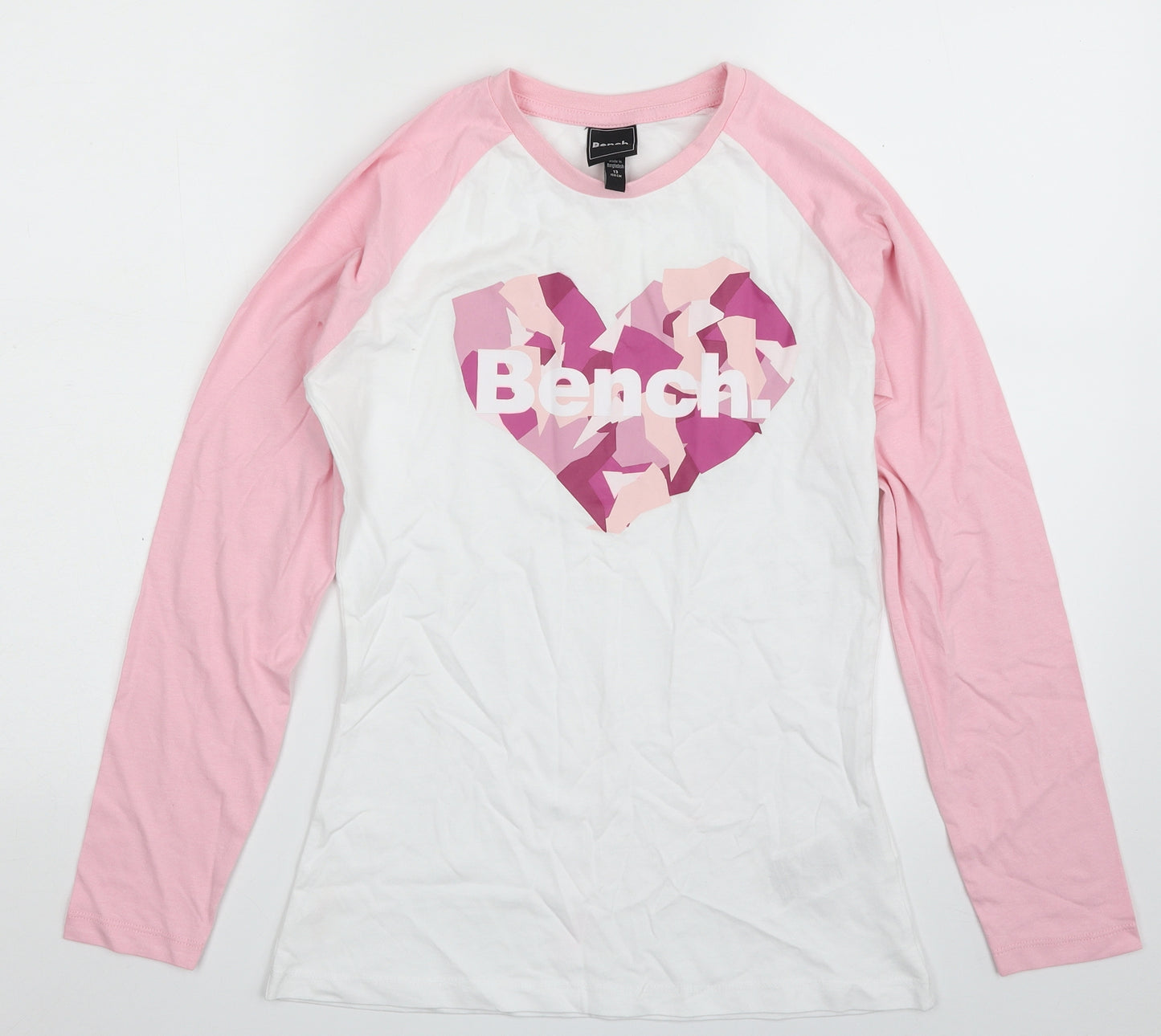 Bench Girls White  100% Cotton Pullover T-Shirt Size 13 Years Crew Neck Pullover - Heart