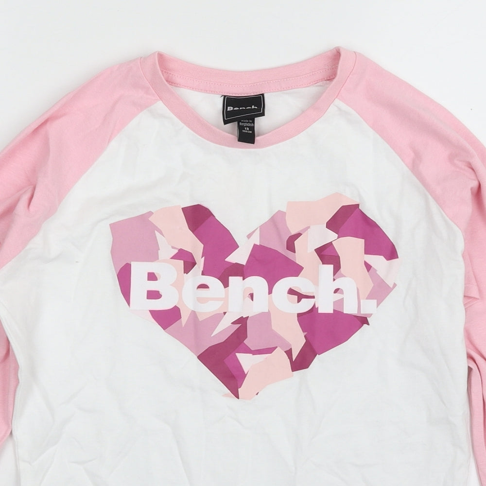 Bench Girls White  100% Cotton Pullover T-Shirt Size 13 Years Crew Neck Pullover - Heart
