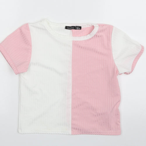 Boohoo Womens Pink Striped Polyester Pullover Sweatshirt Size 8  Pullover