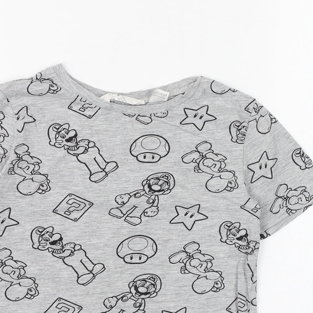 H&M Boys Grey  Cotton Basic T-Shirt Size 7-8 Years Round Neck Pullover - Mario