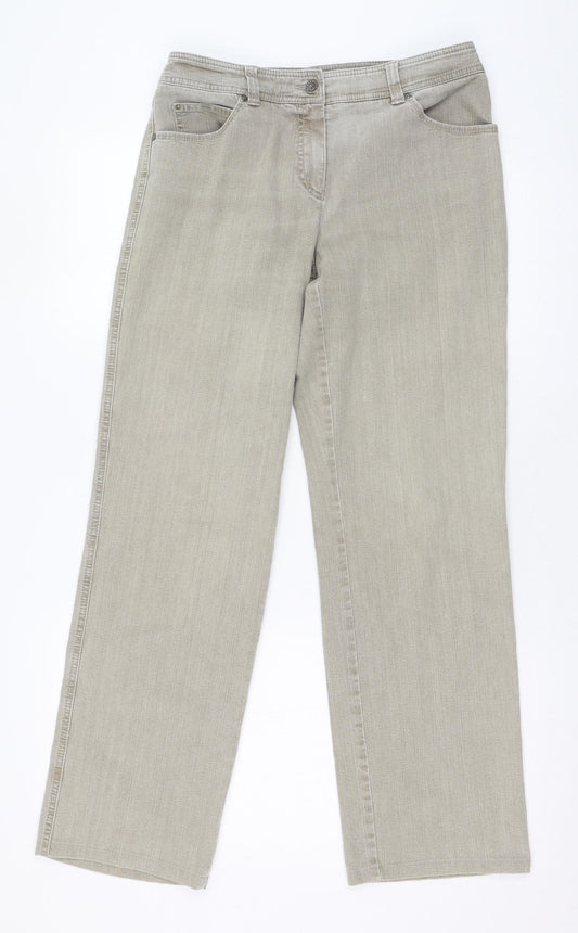 Front view of Gerry Weber women’s beige polyester bootcut jeans, size UK 32, 28-inch leg regular zip