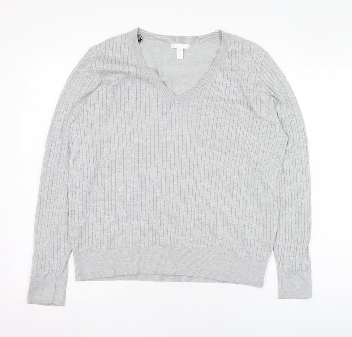 H&M Womens Grey V-Neck  Viscose Pullover Jumper Size L