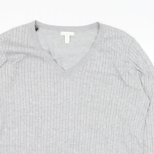 H&M Womens Grey V-Neck  Viscose Pullover Jumper Size L