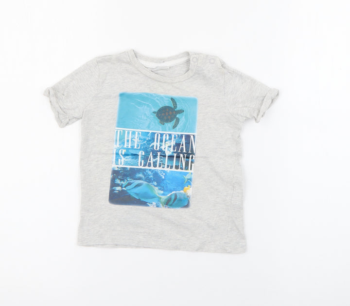 F&F Baby Grey Cotton Pullover T-Shirt Size 12-18 Months Crew Neck Snap