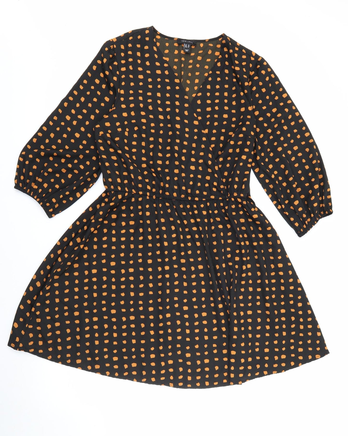 New Look Womens Black Polka Dot Polyester Fit & Flare  Size 16  V-Neck