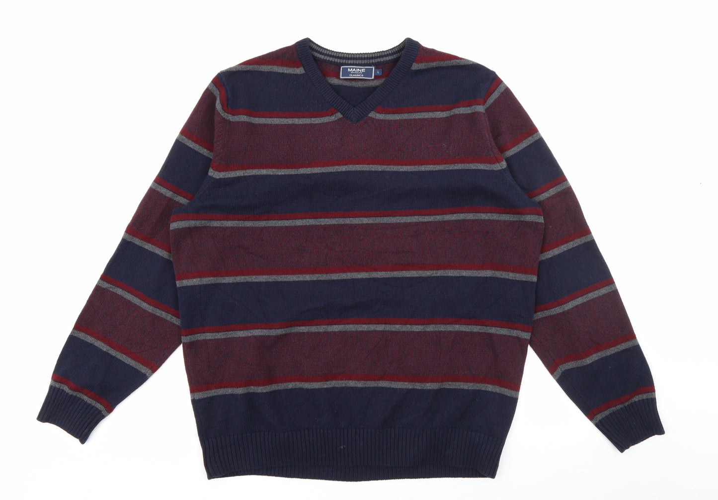 Maine Mens Red V-Neck Striped Cotton Pullover Jumper Size L
