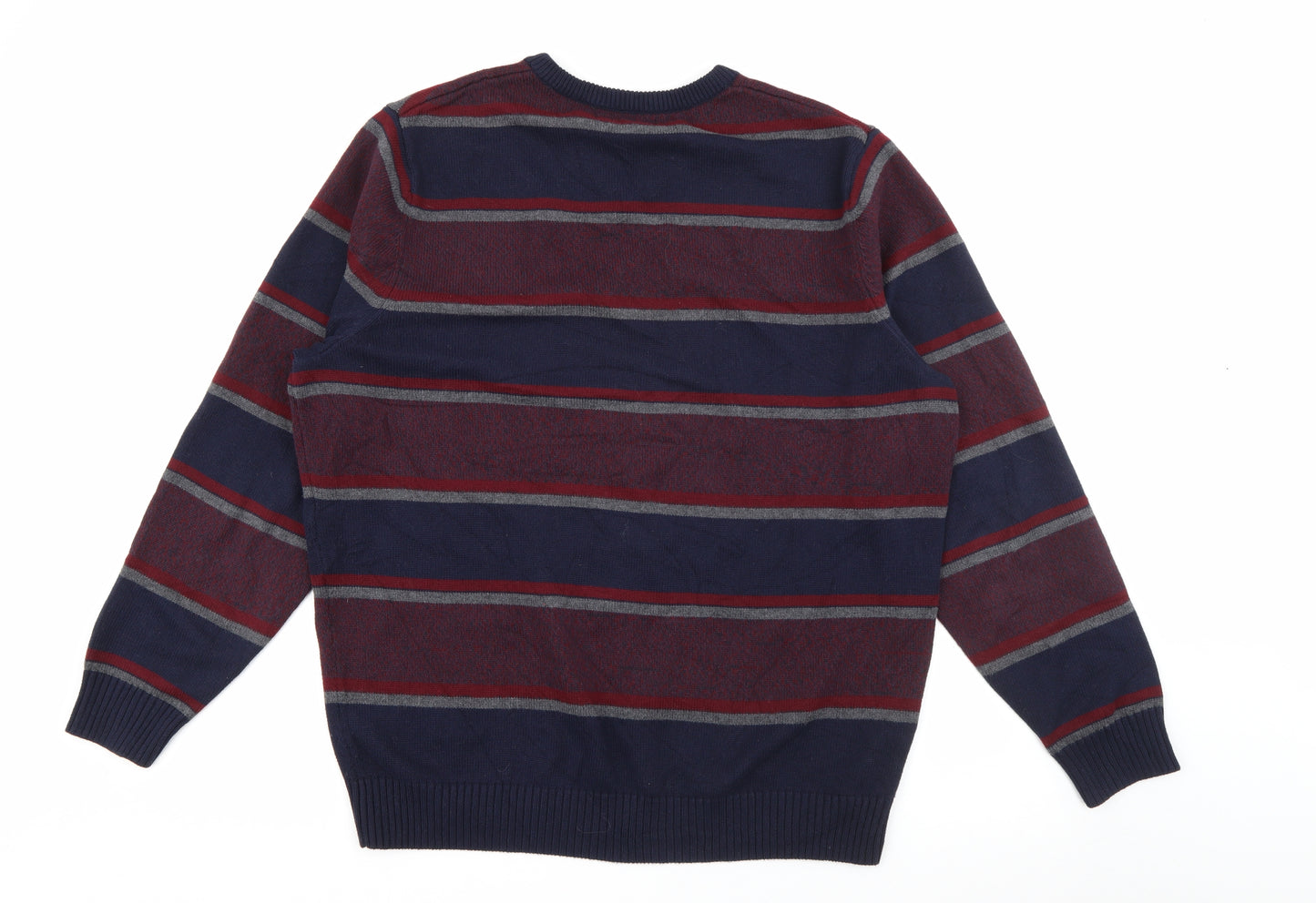 Maine Mens Red V-Neck Striped Cotton Pullover Jumper Size L