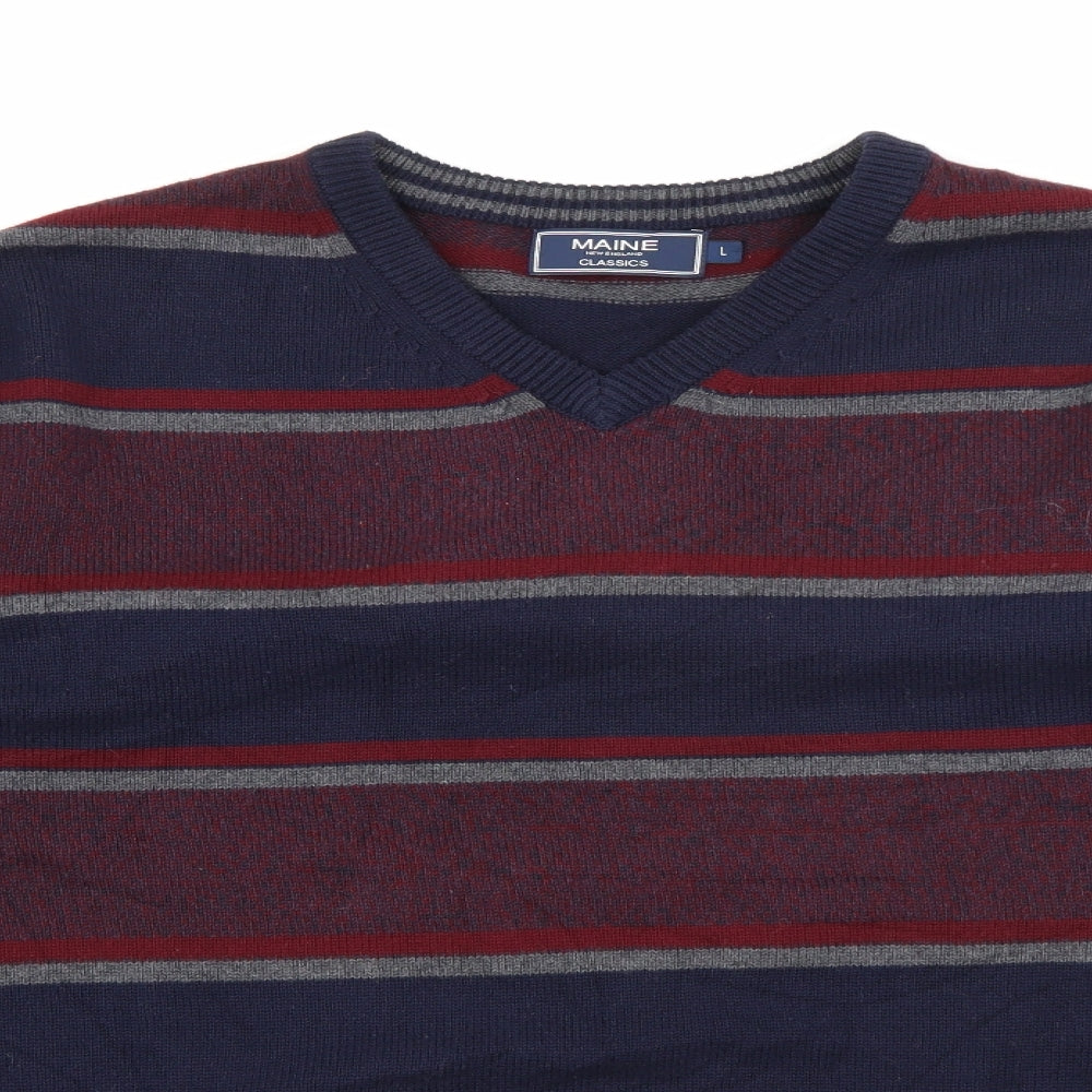 Maine Mens Red V-Neck Striped Cotton Pullover Jumper Size L