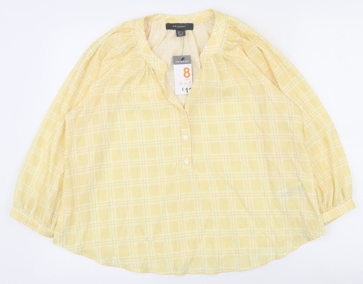 Primark Womens White Plaid Polyester Basic Blouse Size 8 Round Neck