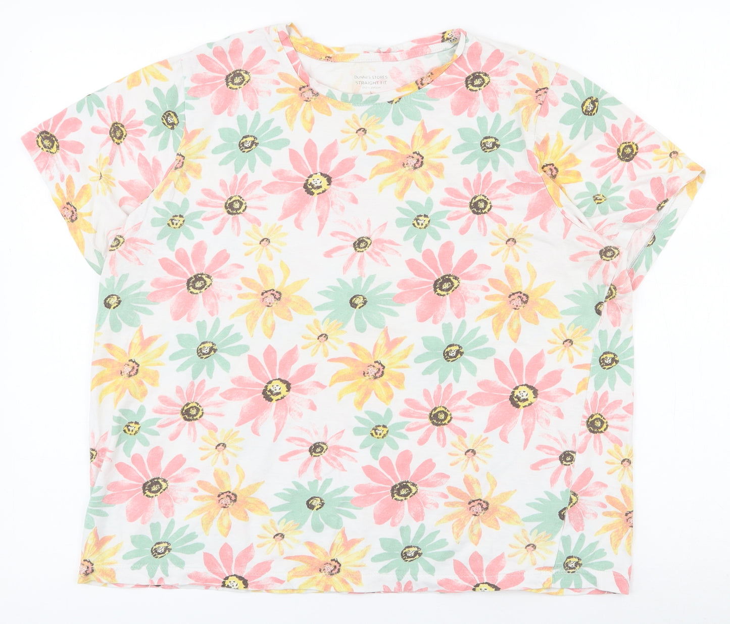 Dunnes Stores Womens White Floral 100% Cotton Basic T-Shirt Size L Round Neck