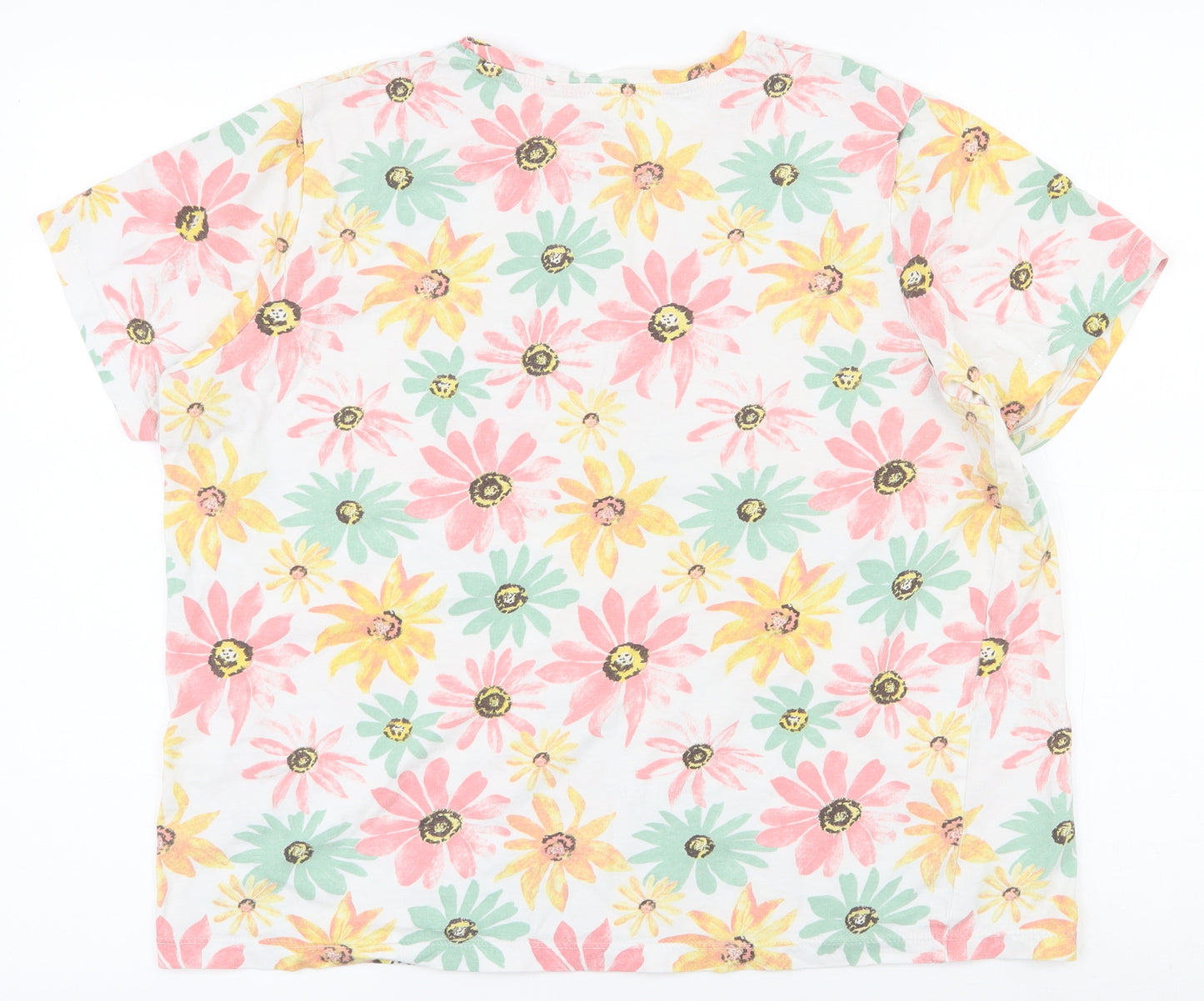 Dunnes Stores Womens White Floral 100% Cotton Basic T-Shirt Size L Round Neck