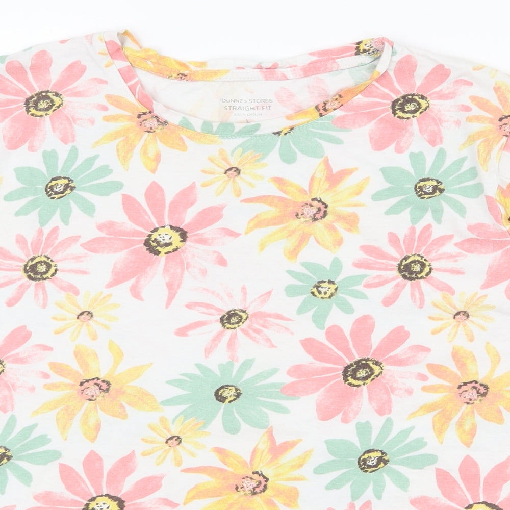 Dunnes Stores Womens White Floral 100% Cotton Basic T-Shirt Size L Round Neck