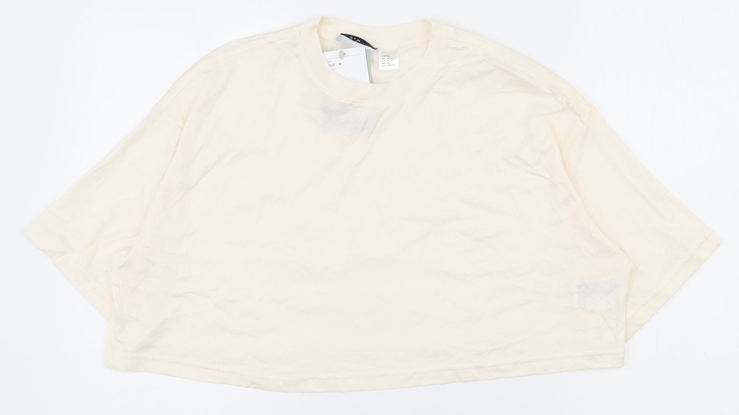H&M Womens White  100% Cotton Cropped T-Shirt Size M Crew Neck - Off White