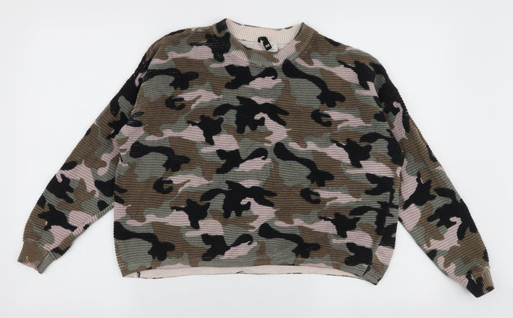 H&M Womens Multicoloured High Neck Camouflage 100% Cotton Pullover Jumper Size XS
