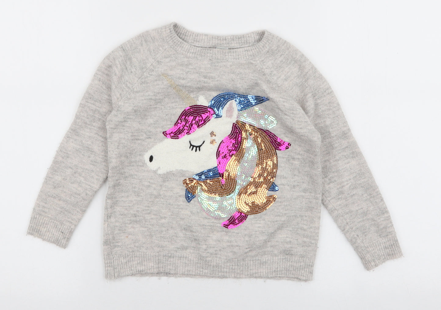 TU Girls Grey Round Neck  Acrylic Pullover Jumper Size 5 Years  Pullover - Unicorn