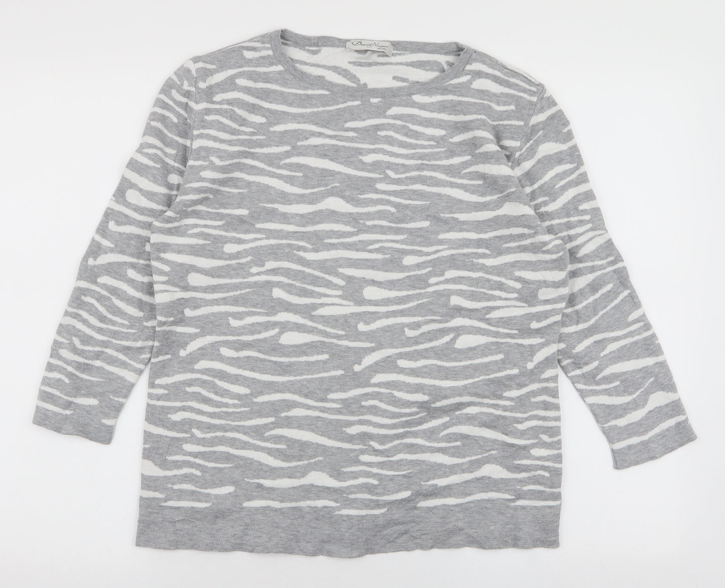 David Nieper Womens Grey Round Neck Animal Print 100% Cotton Pullover Jumper Size 12