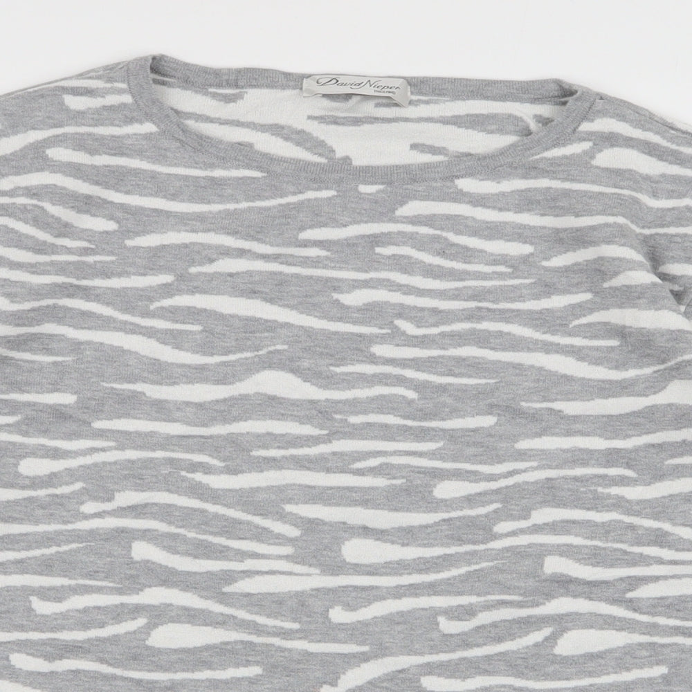 David Nieper Womens Grey Round Neck Animal Print 100% Cotton Pullover Jumper Size 12