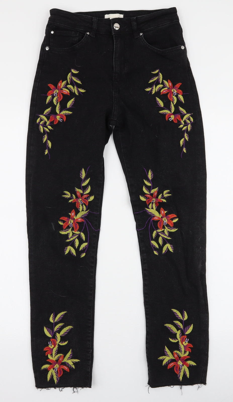 H&M Womens Black Floral Cotton Skinny Jeans Size 6 L28 in Slim Zip