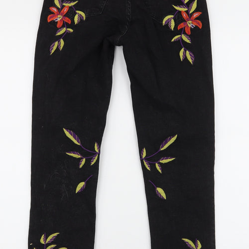 H&M Womens Black Floral Cotton Skinny Jeans Size 6 L28 in Slim Zip