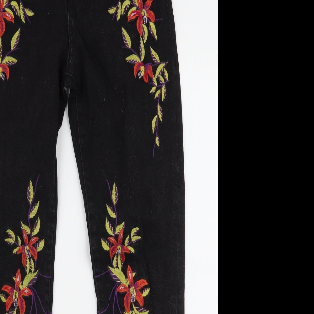 H&M Womens Black Floral Cotton Skinny Jeans Size 6 L28 in Slim Zip