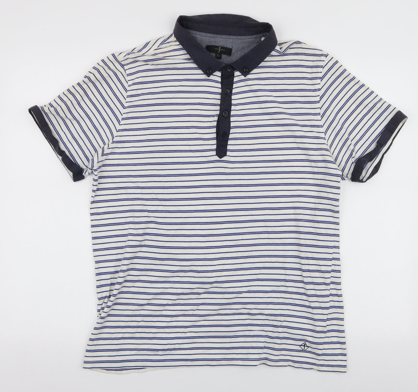 Jasper Conran Mens Blue Striped Cotton  Polo Size L Collared Button
