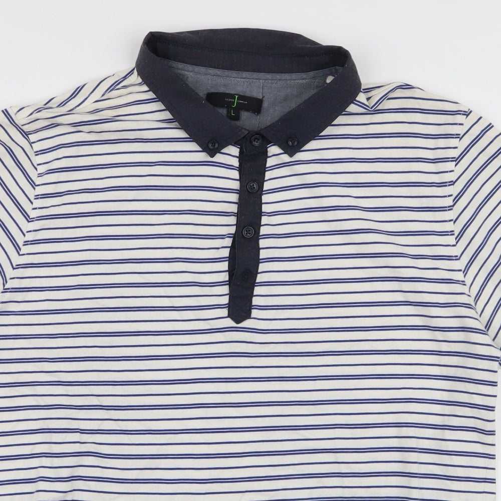 Jasper Conran Mens Blue Striped Cotton  Polo Size L Collared Button