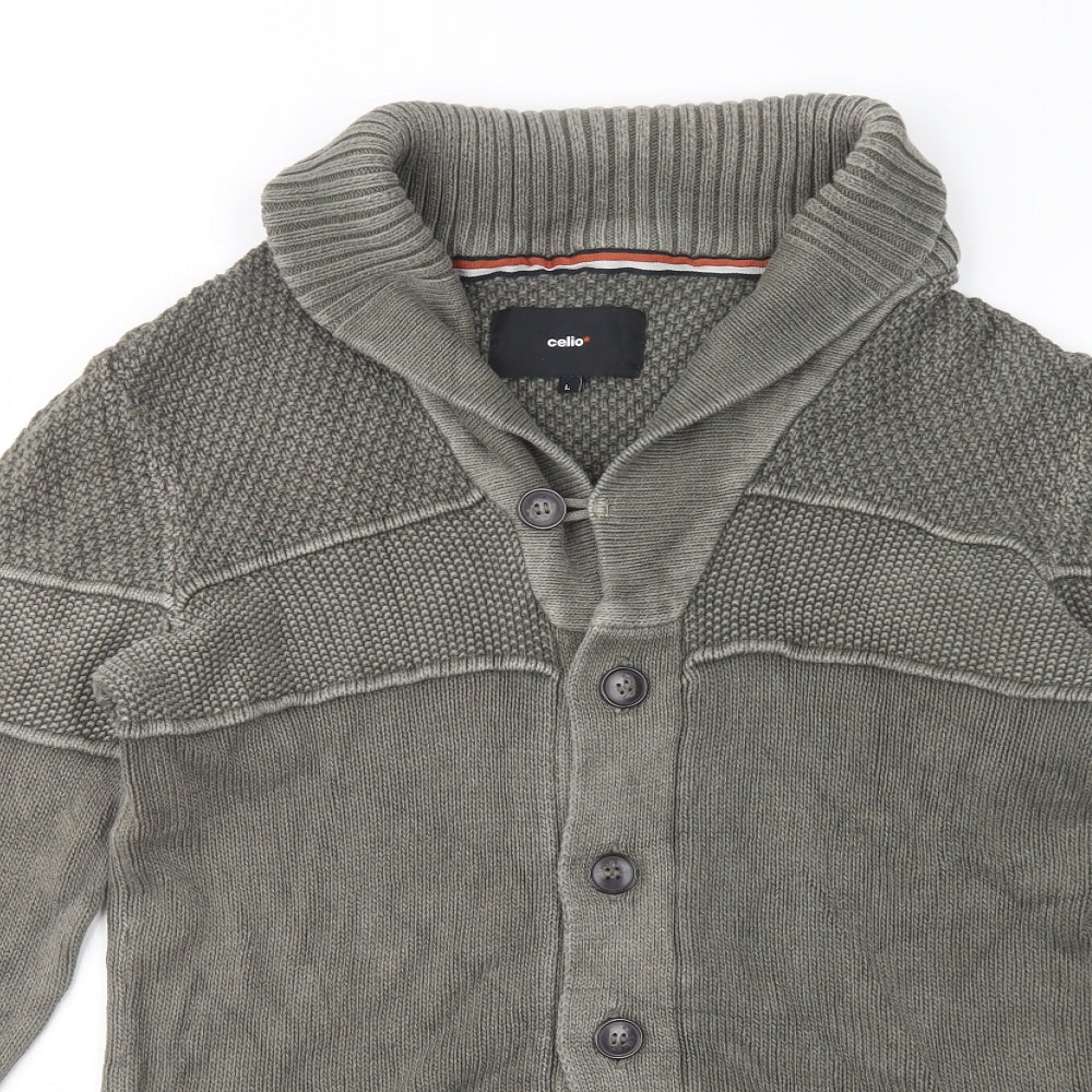 Celio Mens Green Collared  Cotton Cardigan Jumper Size L
