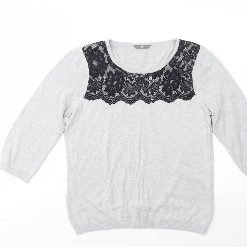 BHS Womens Grey Scoop Neck  Cotton Pullover Jumper Size 14   - Lace Detail