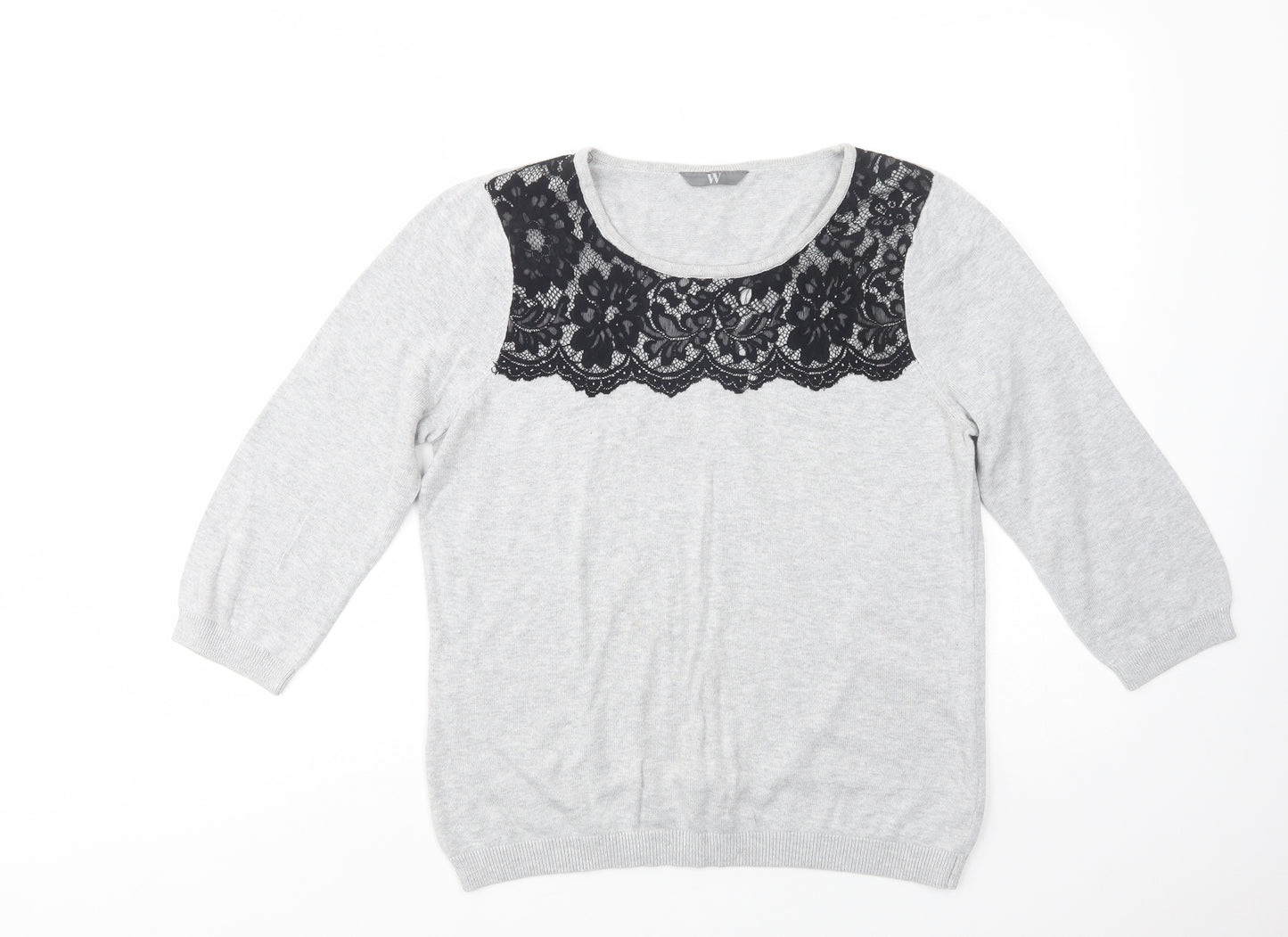 BHS Womens Grey Scoop Neck  Cotton Pullover Jumper Size 14   - Lace Detail