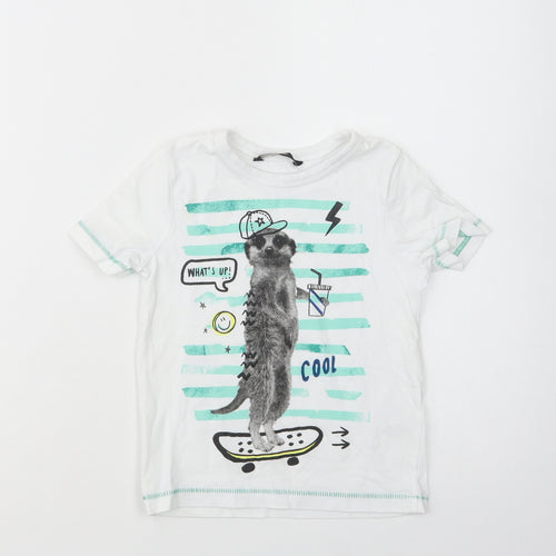 George Girls White  Cotton Basic T-Shirt Size 2-3 Years Crew Neck Pullover - Meerkat