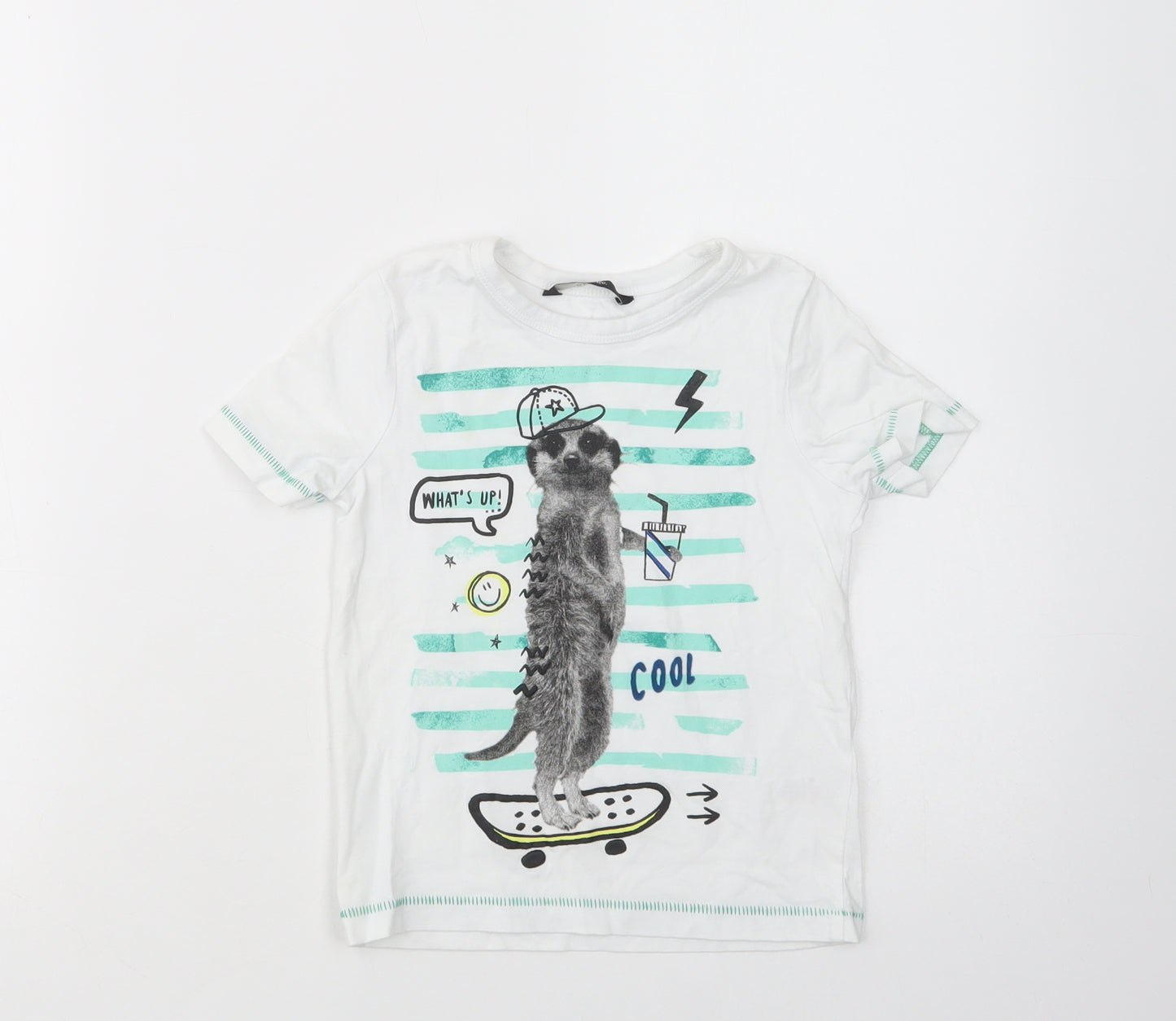 George Girls White  Cotton Basic T-Shirt Size 2-3 Years Crew Neck Pullover - Meerkat