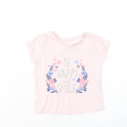 Primark Girls Pink  Cotton Basic T-Shirt Size 2-3 Years Crew Neck Pullover - Be Happy